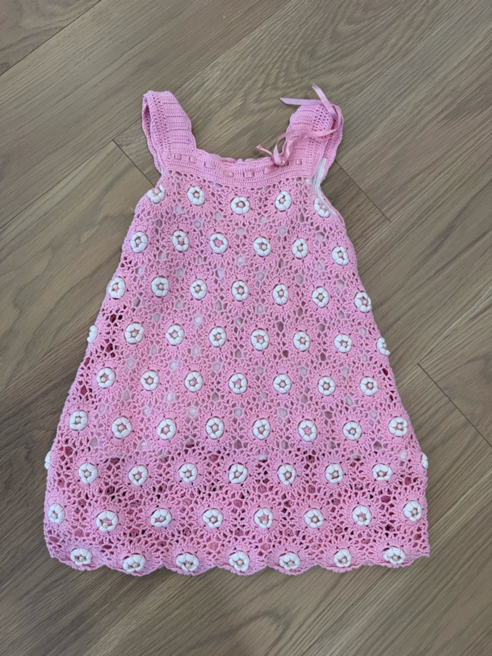 Pink Crochet Floral Knit Dress for Girls